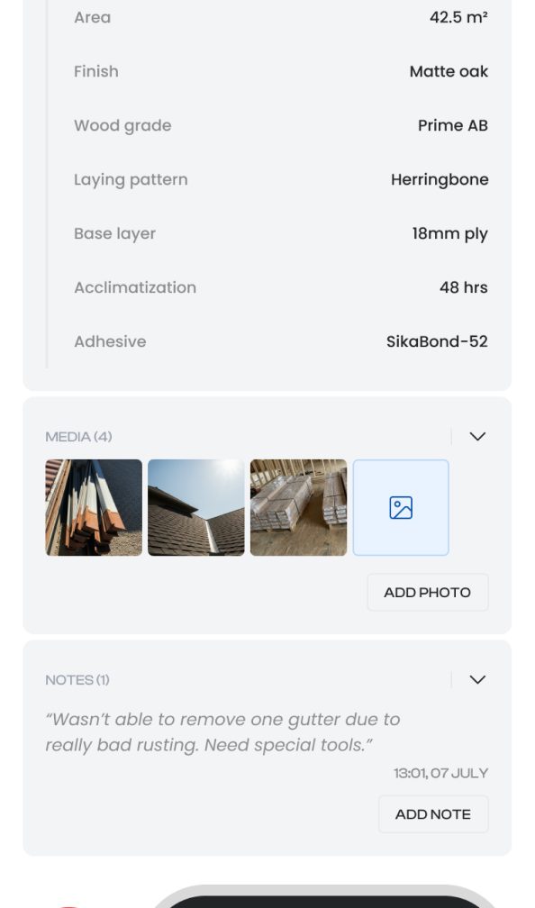 Task detail with parameters, four site photos and a note from the worker