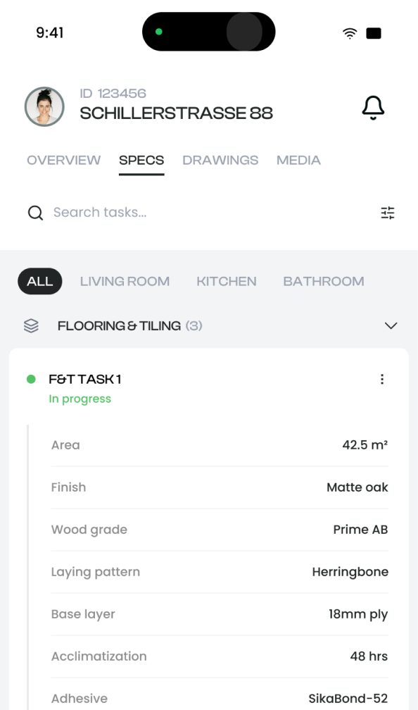 Mobile specs tab with room chips, a Flooring and tiling accordion and a task card with parameters