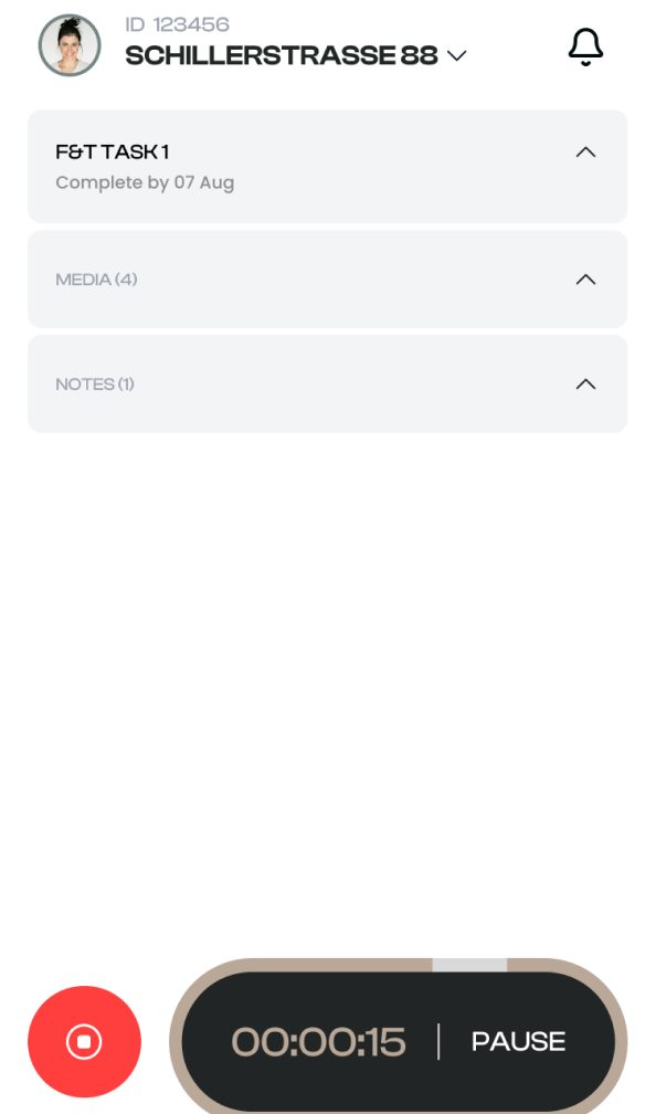 The task collapsed to three headers with a running timer and a pause button