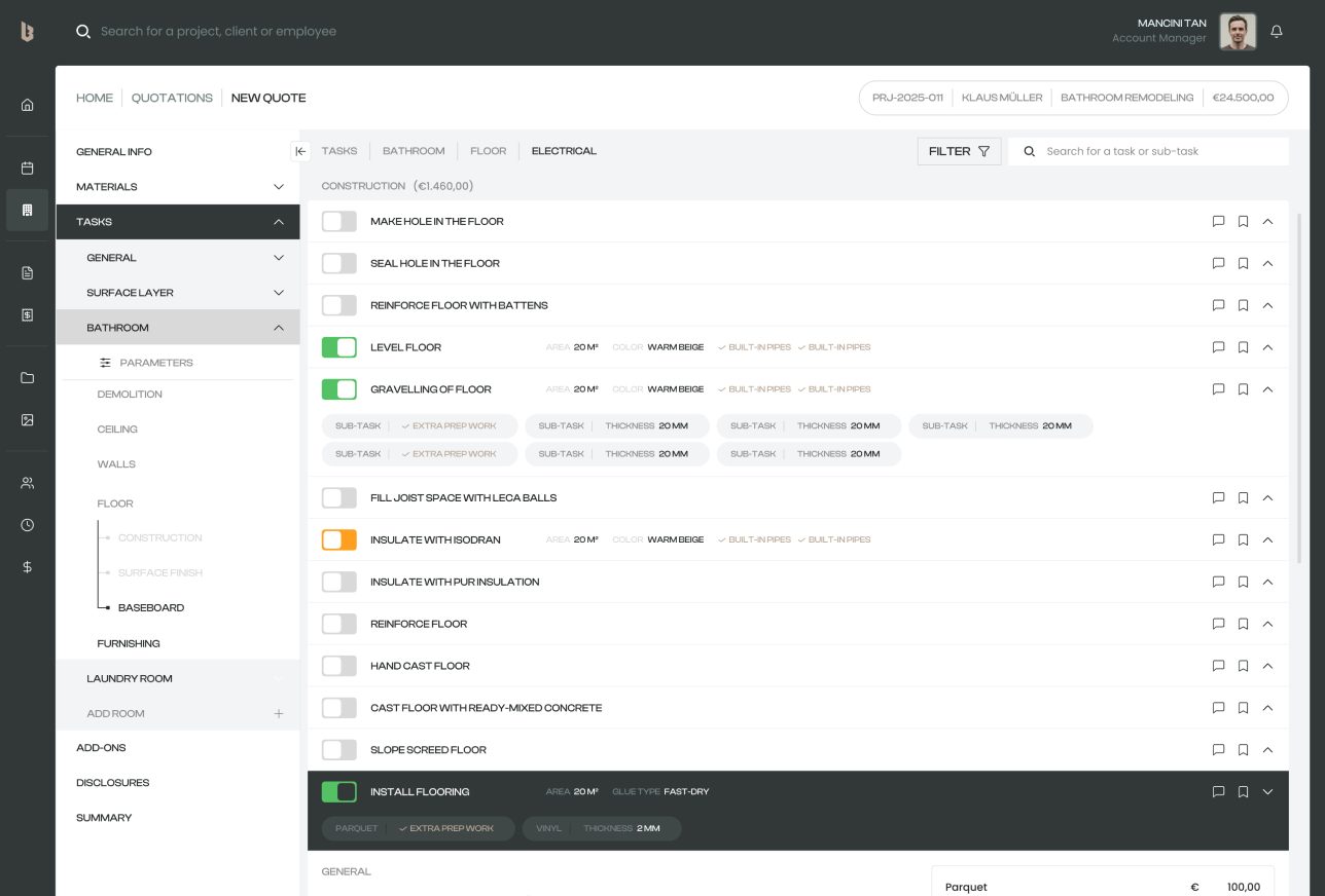 The Tasks step of a new quote, with the room and phase tree on the left and a long list of task rows