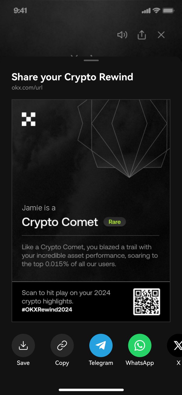 Share your Crypto Rewind: a sample user, Jamie, is a Crypto Comet, with a Rare tag