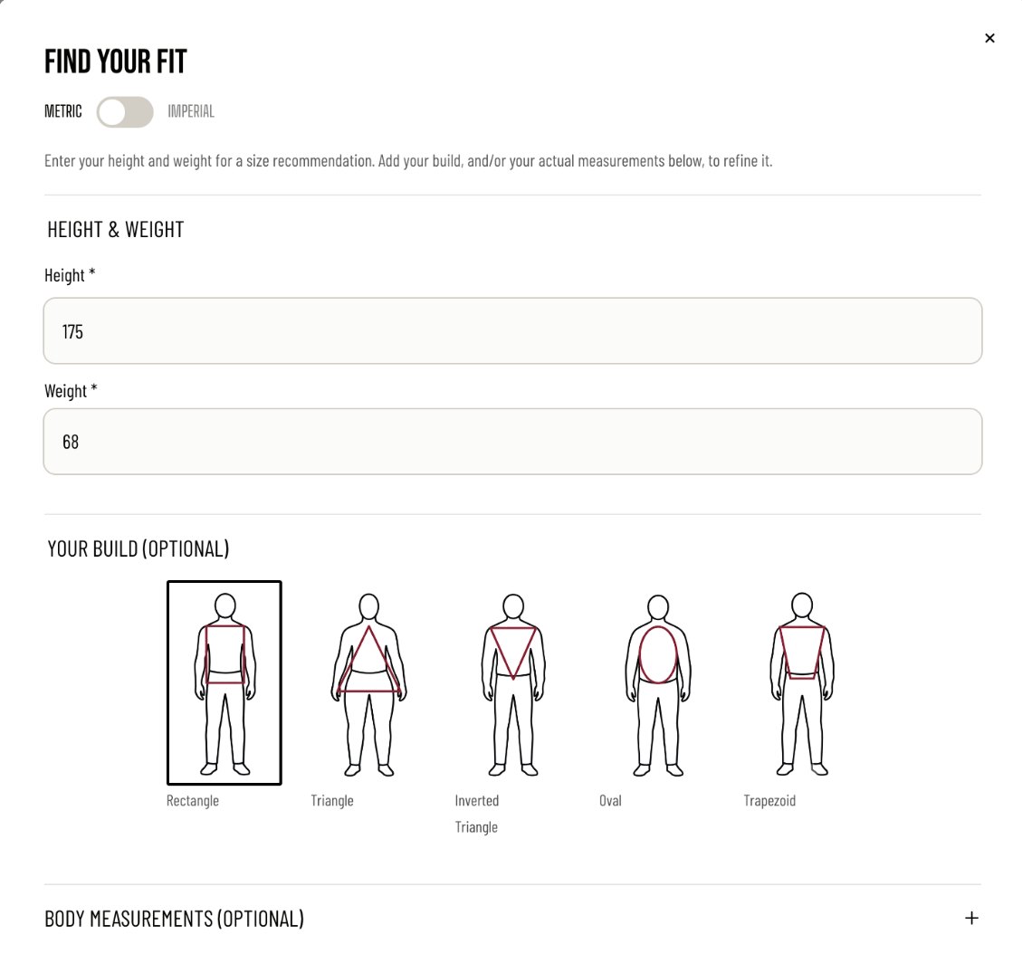 The Find your fit pop-up asking for height, weight and build