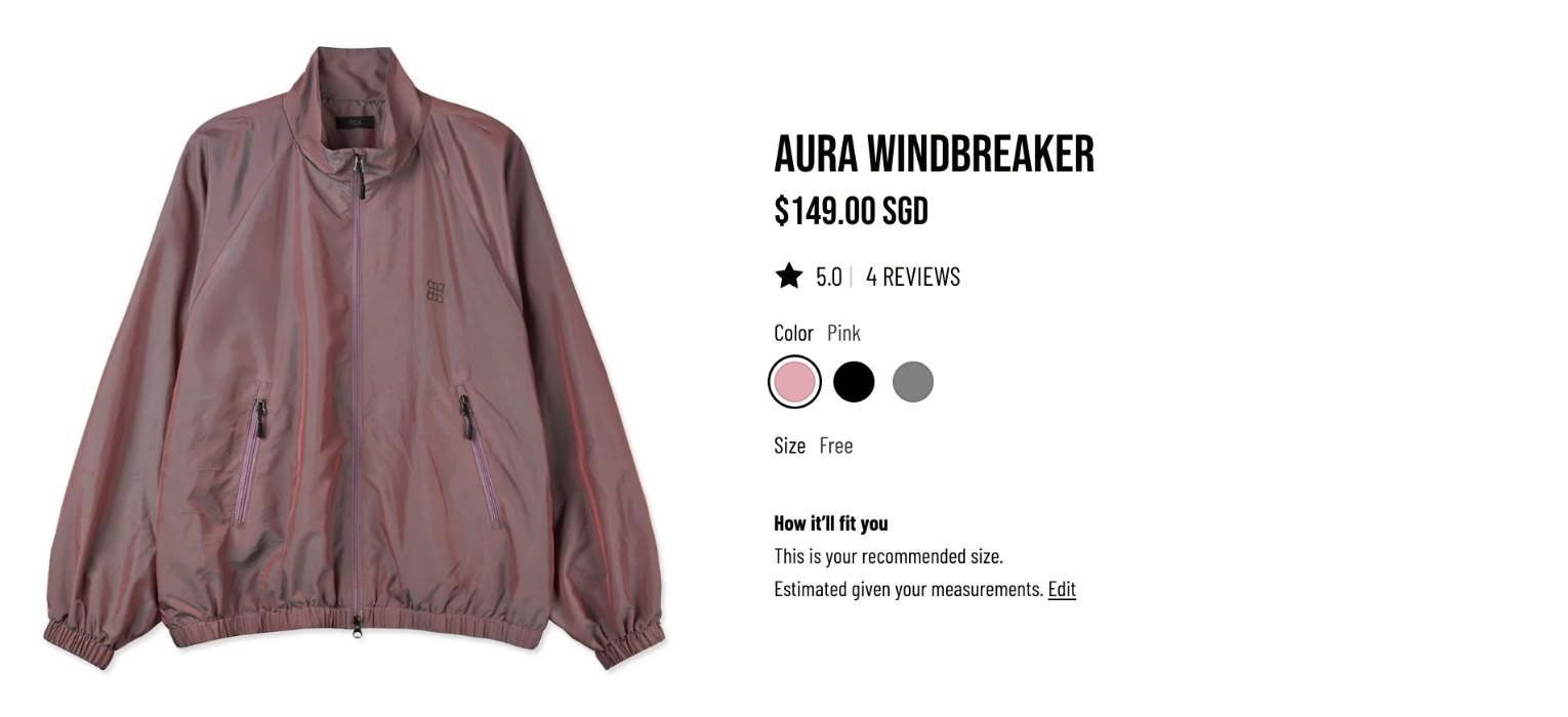 The Aura Windbreaker product page with the How it'll fit you section above Add to cart