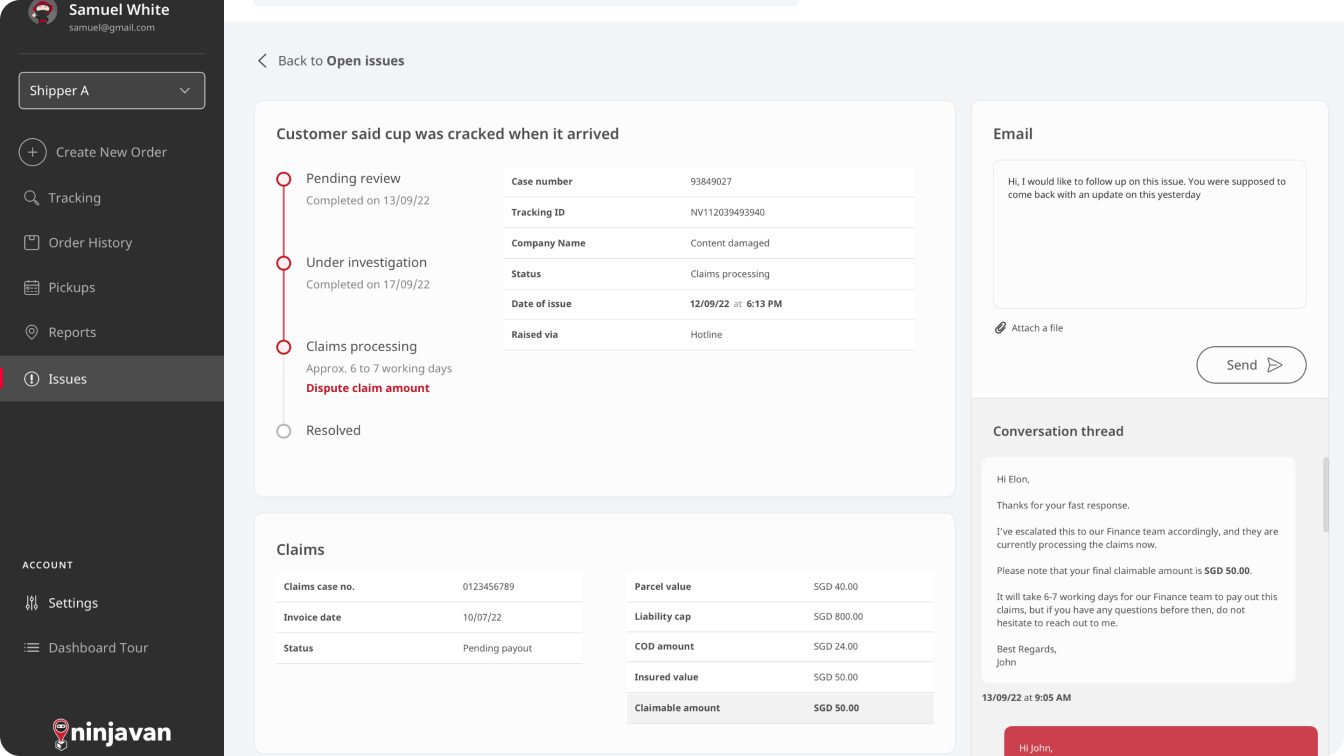 A case details page with a status timeline, claim details and an email thread with the support agent