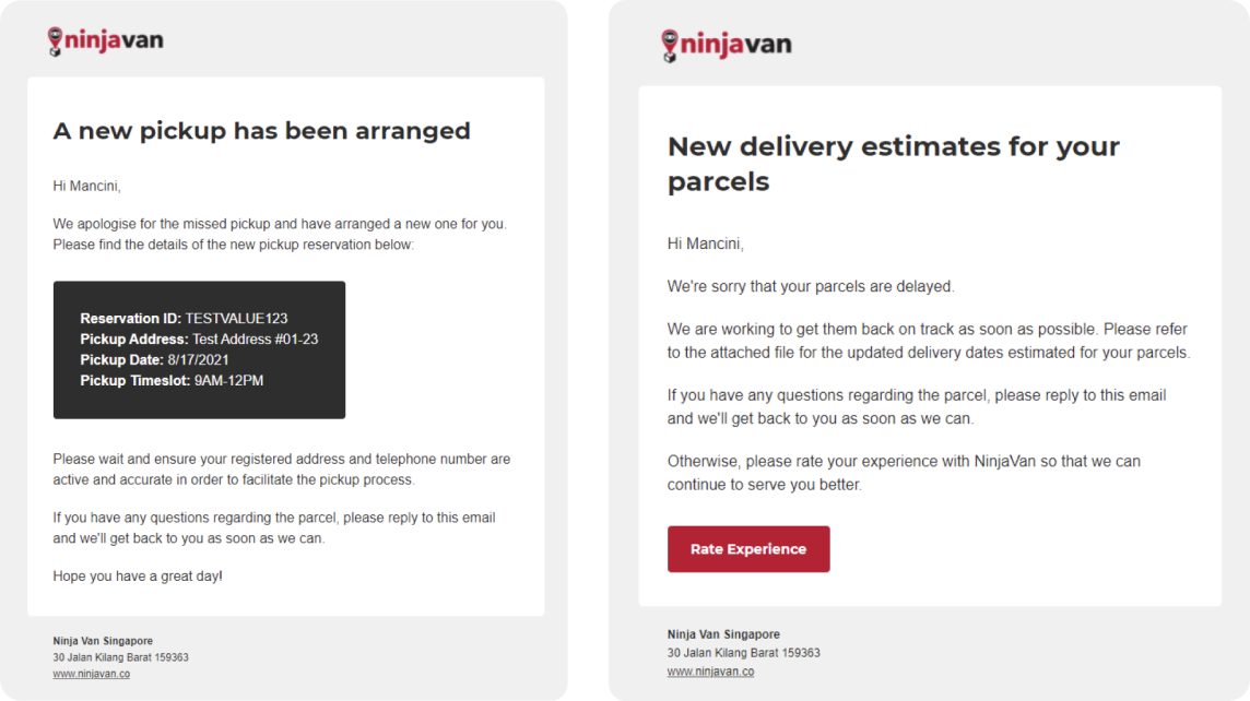 Two HTML email templates: a rearranged pickup, and new delivery estimates with a Rate experience button