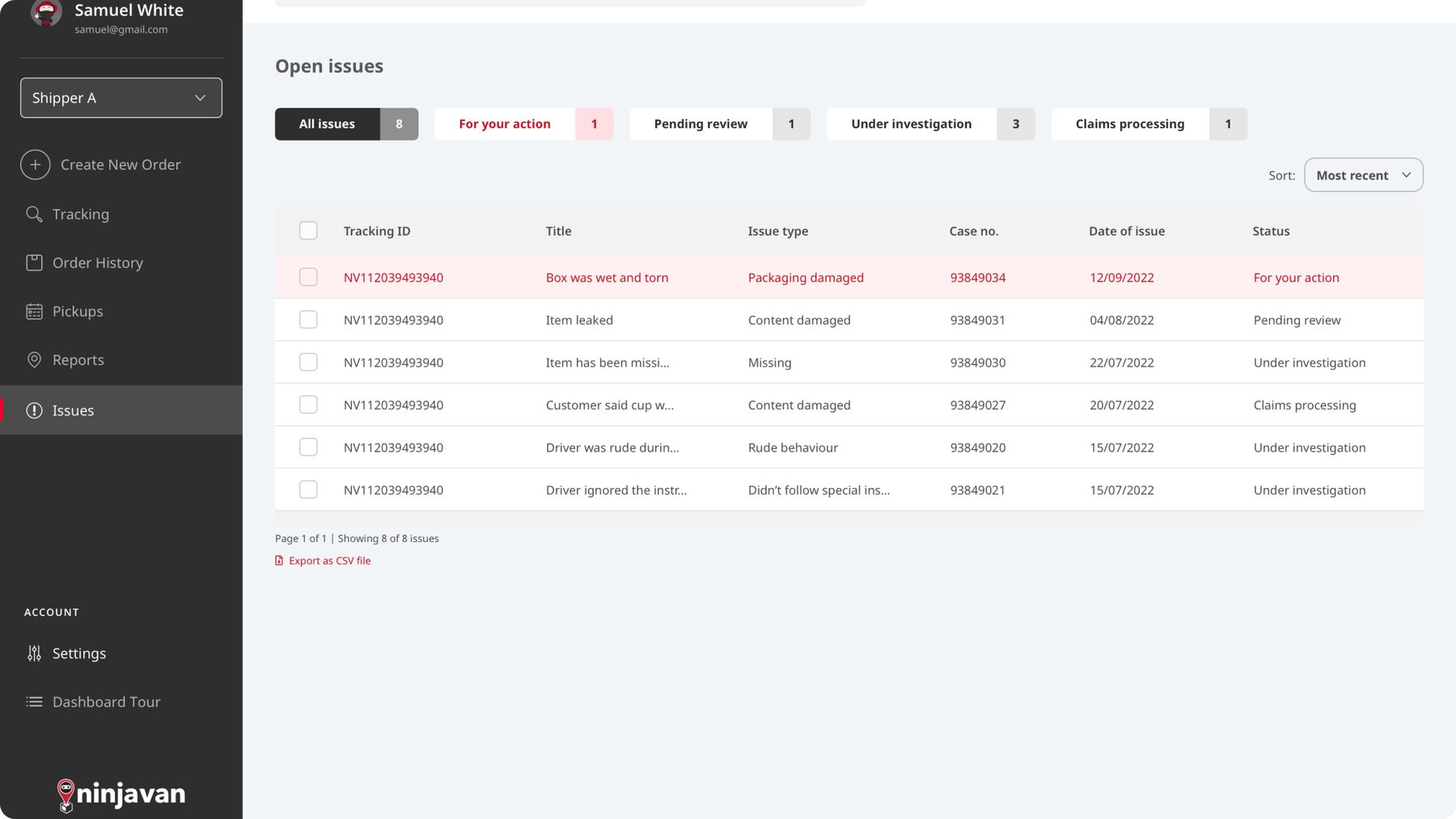 The Ninja Van shipper portal showing open issues, filtered by status