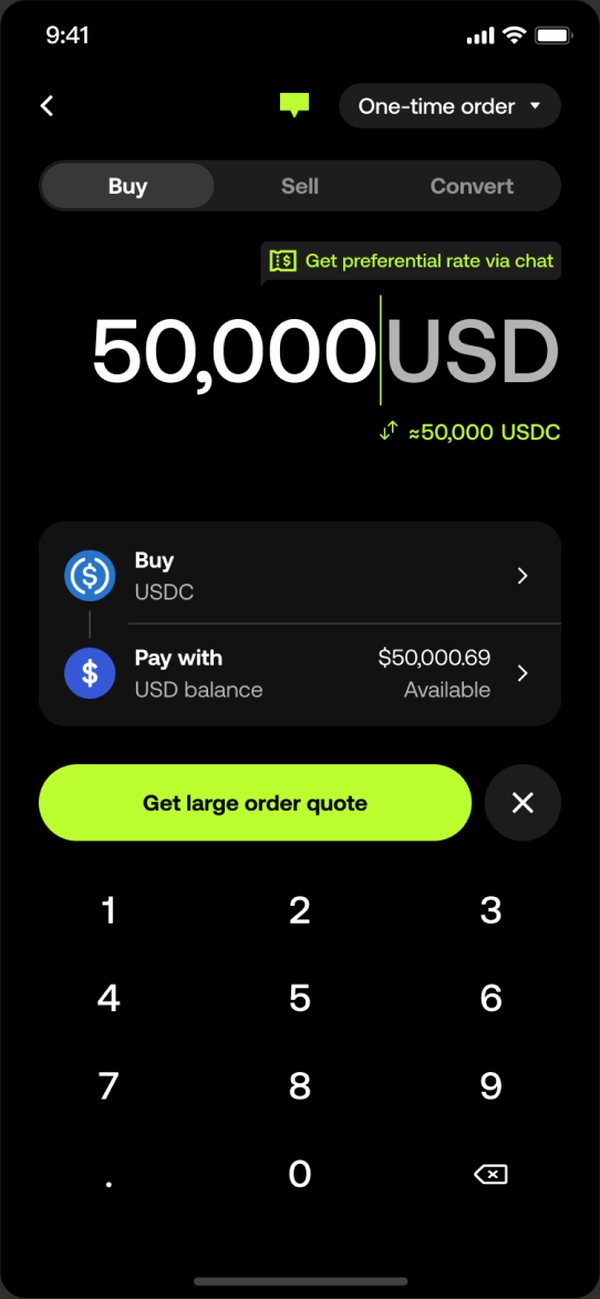 Simple Buy with 50,000 USD entered, showing Get preferential rate via chat