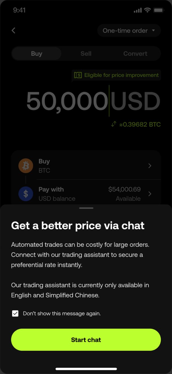 A sheet titled Get a better price via chat, with a Start chat button
