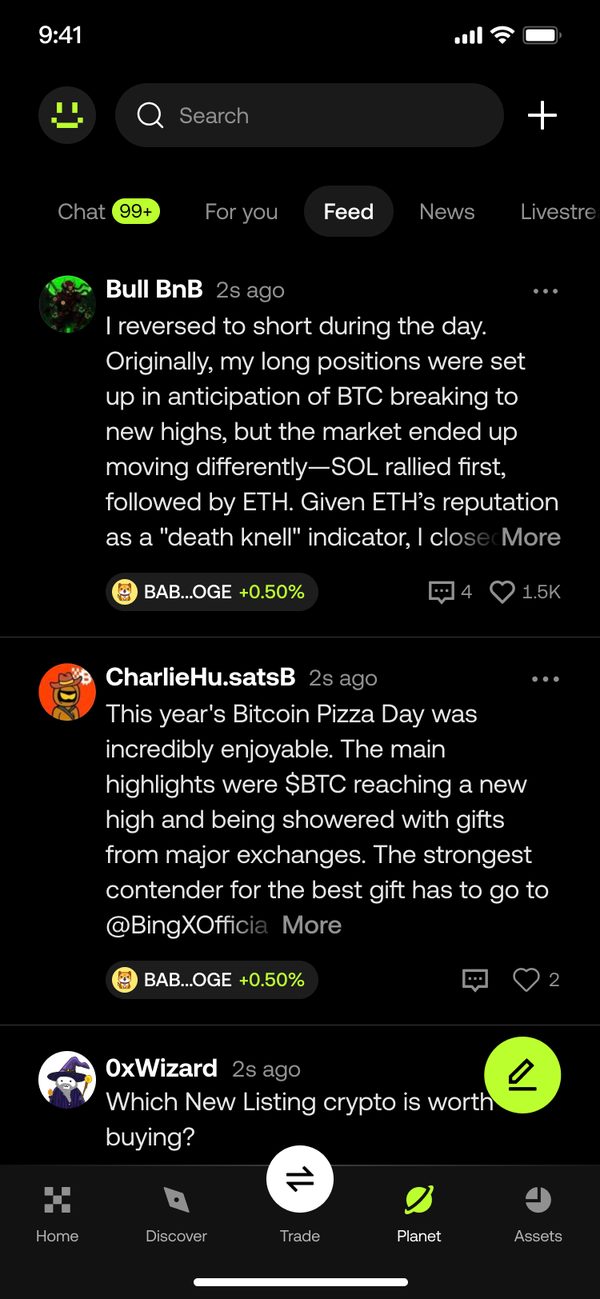 The Orbit feed with posts tagged to the coins they discuss