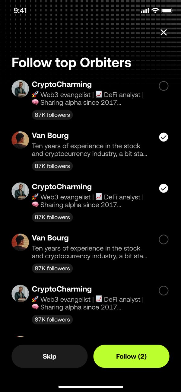 Onboarding screen: Follow top Orbiters, with two selected