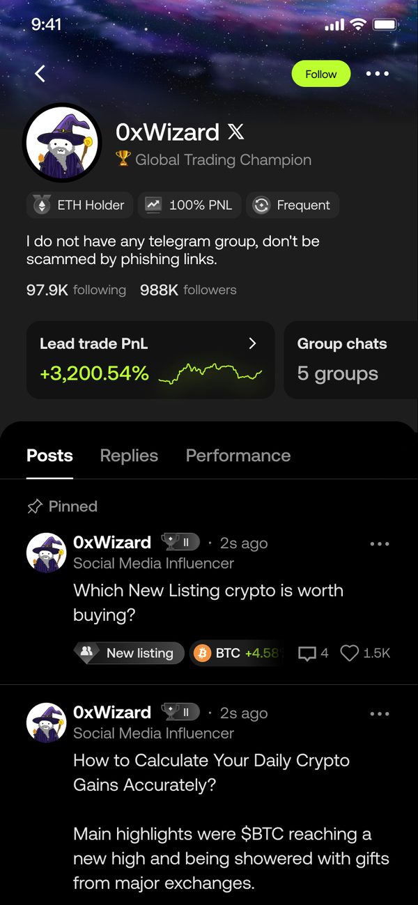 An Orbiter's profile showing badges, lead trade PnL and group chats